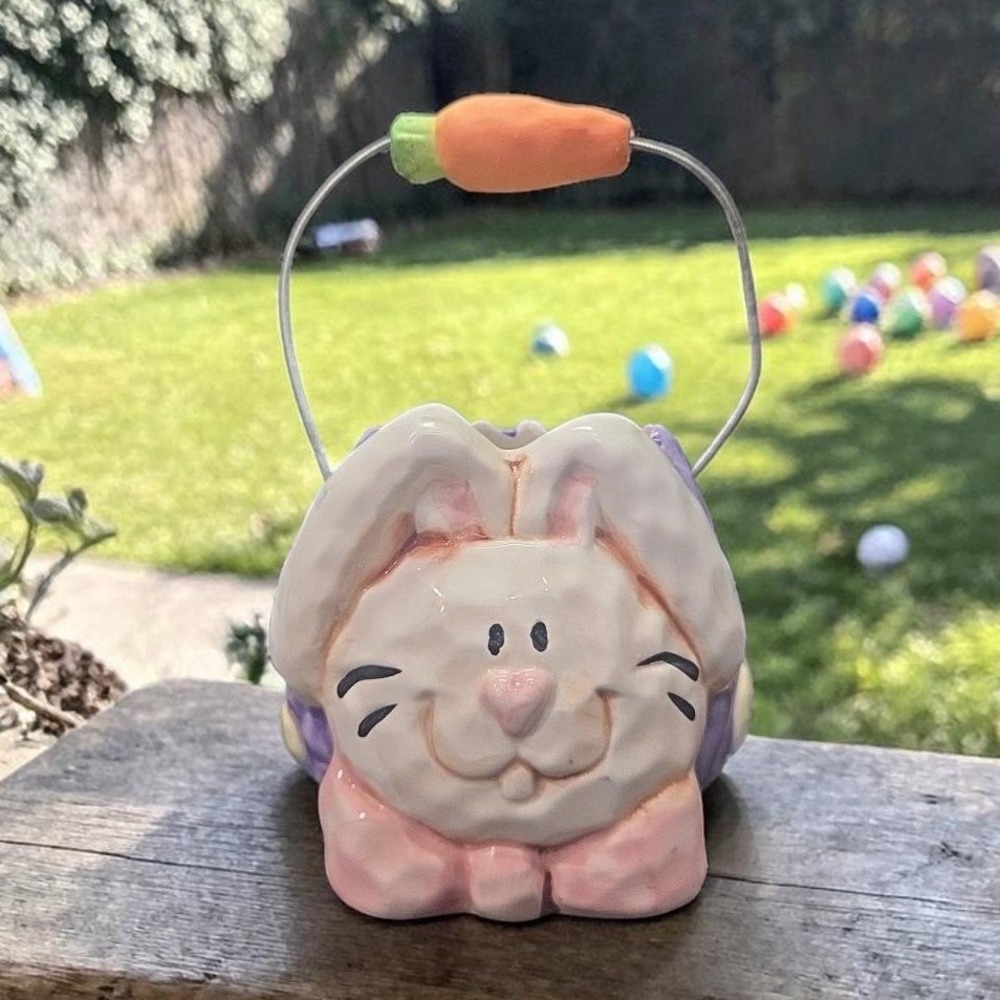 K's Collection Ceramic Bunny‎ Rabbit Basket, Vintage Planter Bowl, Easter Decor